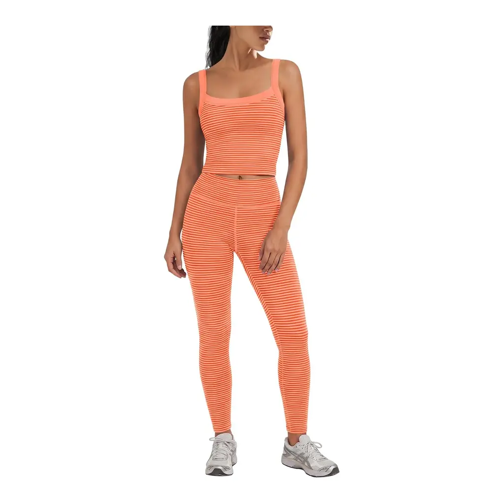 Yanekop women’s striped padded tank top and high-waisted yoga pants in Orange Combo, front view