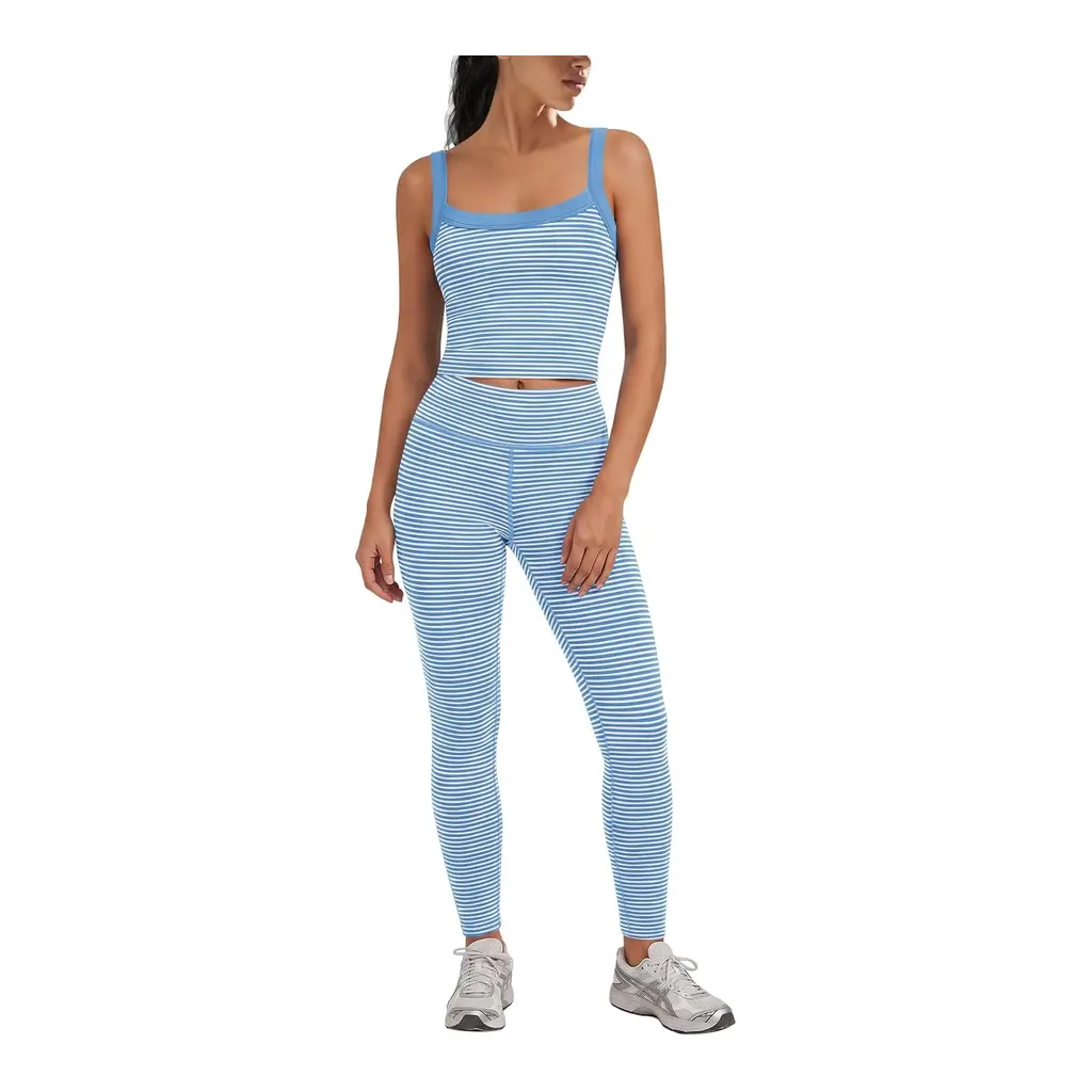 Yanekop women’s striped padded tank top and high-waisted yoga pants in Light Blue Combo, front view