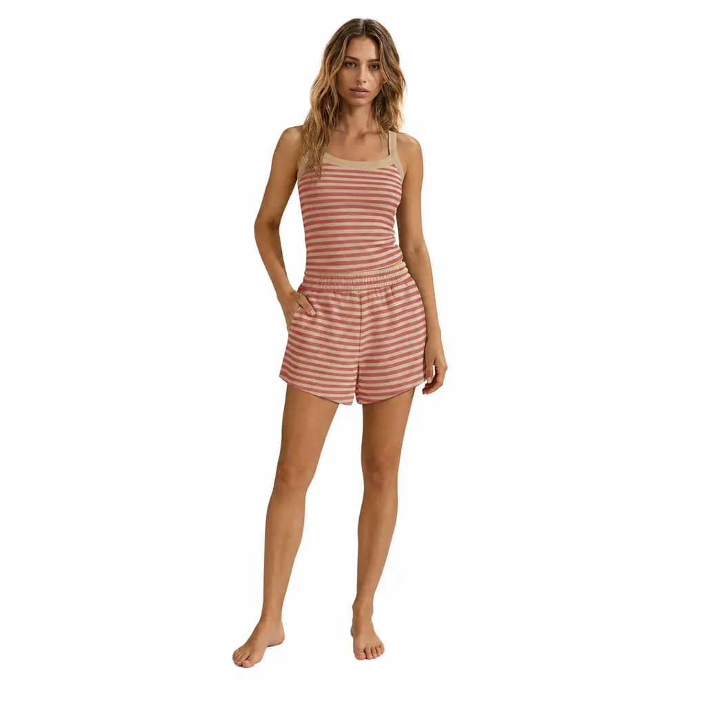 Yanekop women’s striped tank top and shorts lounge set in Khaki Pink, front view