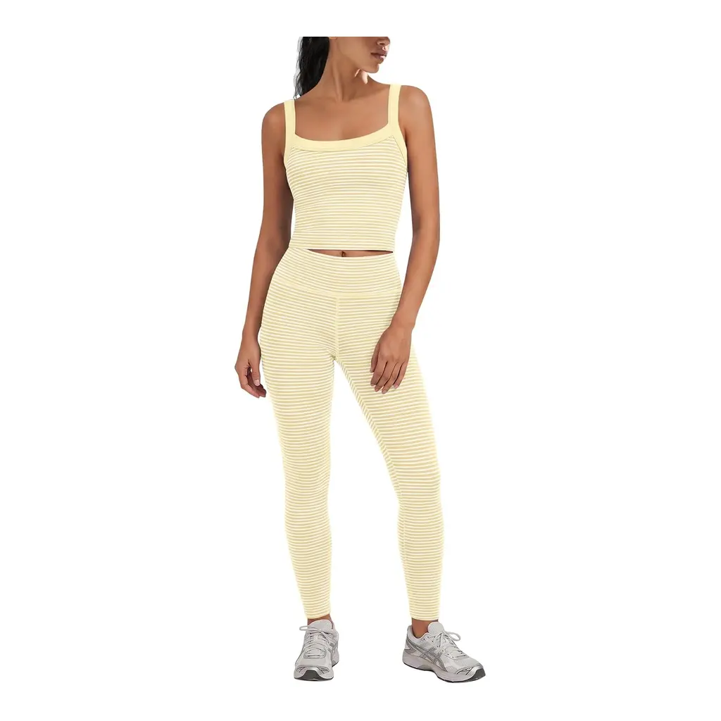 Yanekop women’s striped padded tank top and high-waisted yoga pants in Yellow Combo, front view