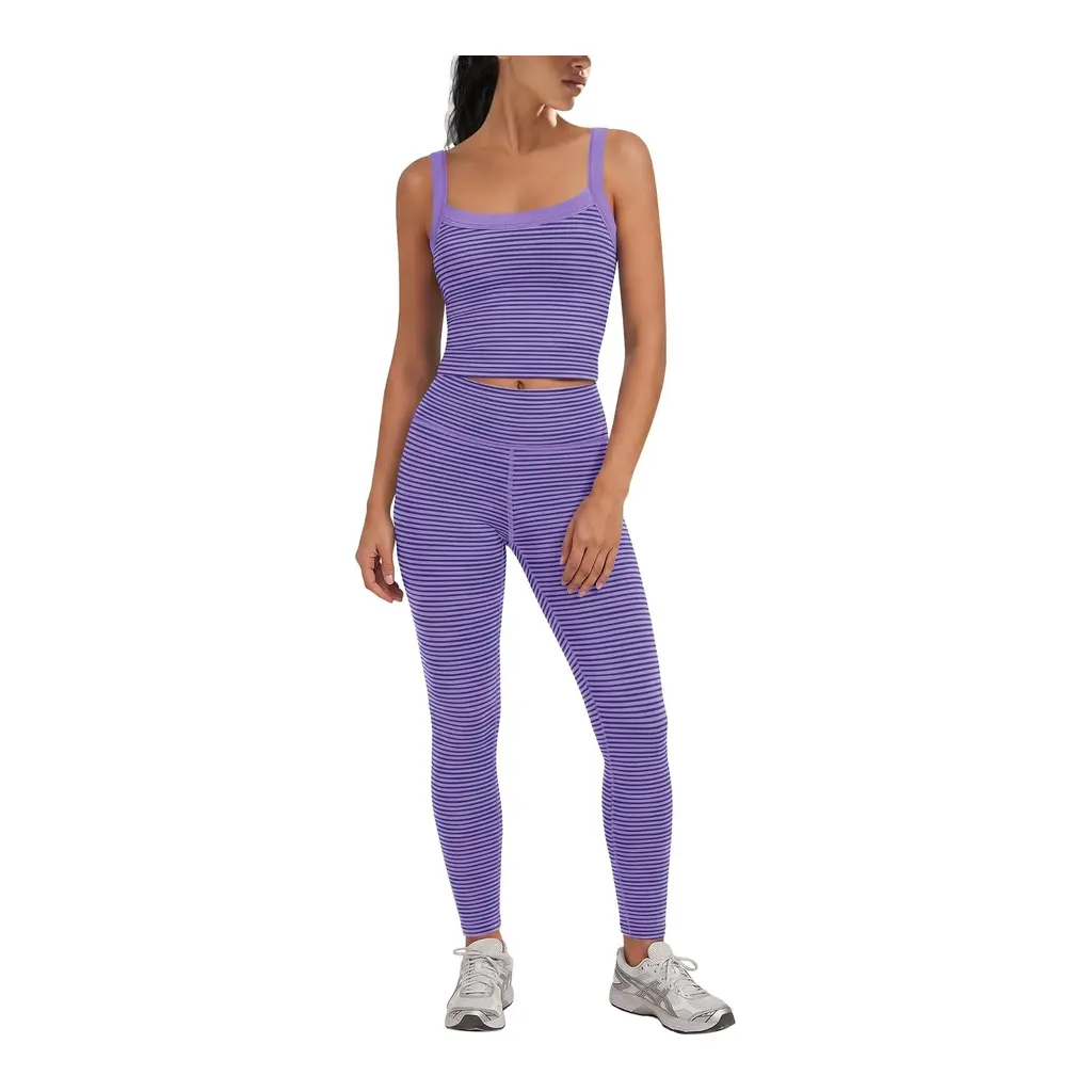 Yanekop women’s striped padded tank top and high-waisted yoga pants in Purple Combo, front view