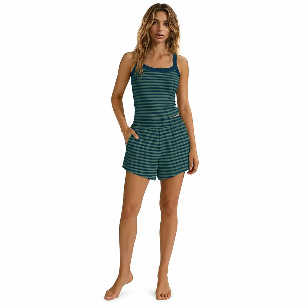 Yanekop women’s striped tank top and shorts lounge set in Green Blue, front view