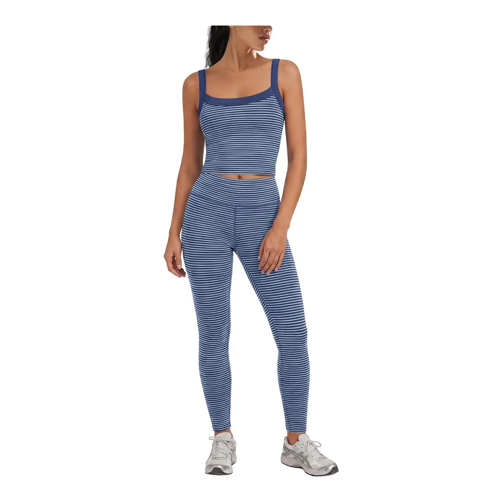 Yanekop women’s striped padded tank top and high-waisted yoga pants in Navy Combo, front view
