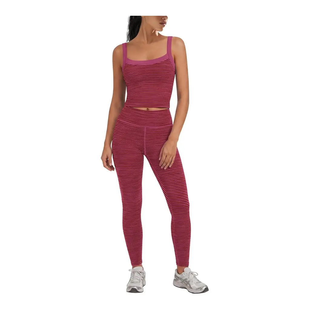Yanekop women’s striped padded tank top and high-waisted yoga pants in Burgundy Combo, front view