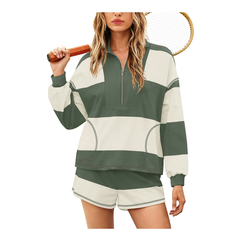 Yanekop oversized striped lounge set - half-zip pullover and shorts - Yanekop Womens Oversized Striped Set Army Green