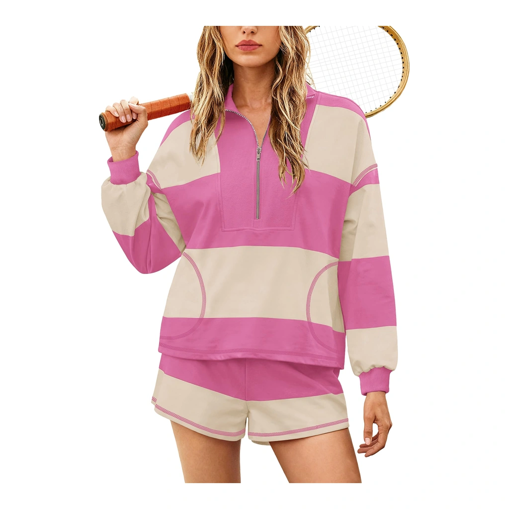 Yanekop oversized striped lounge set - half-zip pullover and shorts - Yanekop Womens Oversized Striped Set Beige Pink