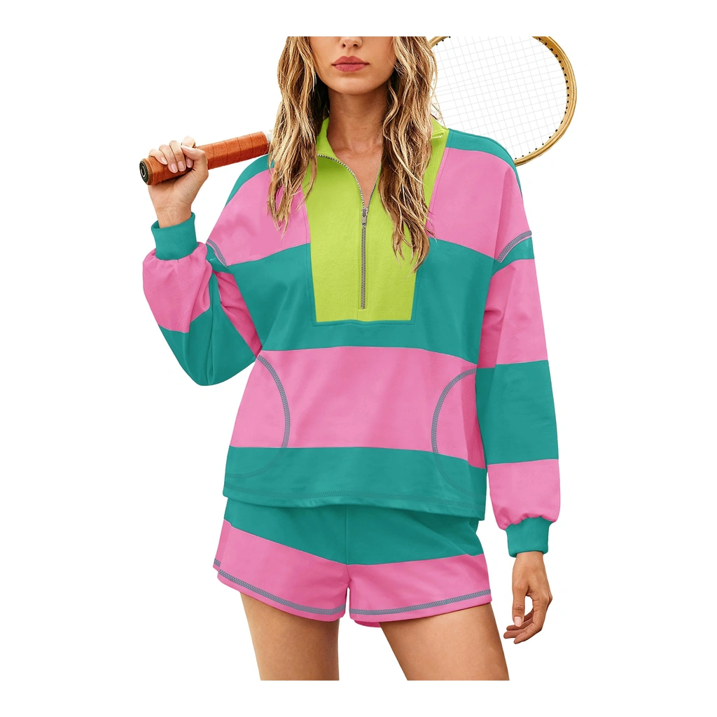 Yanekop oversized striped lounge set - half-zip pullover and shorts - Yanekop Womens Oversized Striped Set Coral Mixed