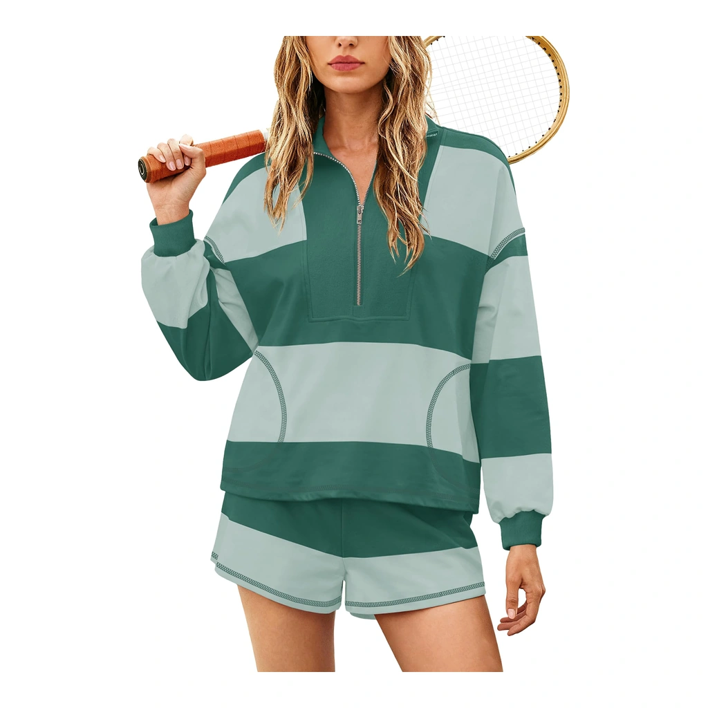 Yanekop oversized striped lounge set - half-zip pullover and shorts - Yanekop Womens Oversized Striped Set Green Mixed