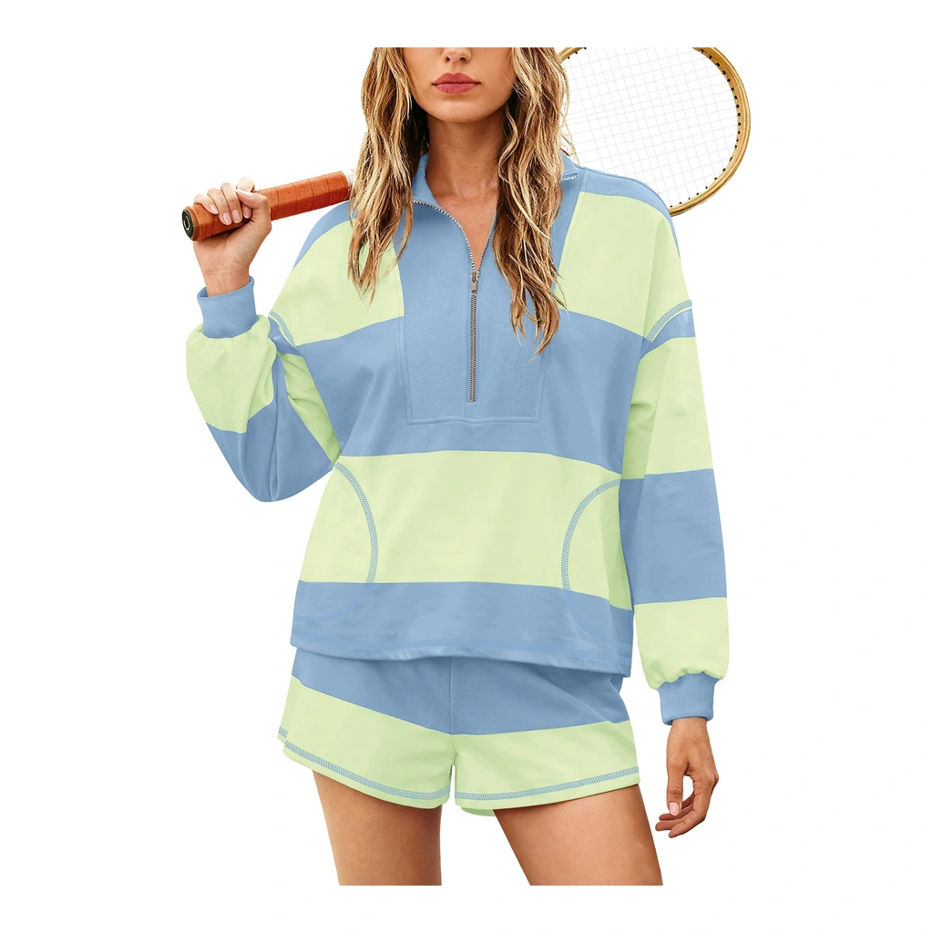 Yanekop oversized striped lounge set - half-zip pullover and shorts - Yanekop Womens Oversized Striped Set Light Blue Green