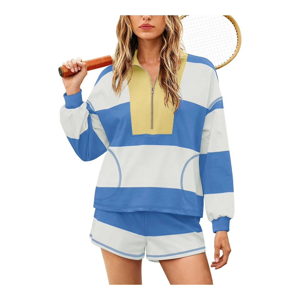 Yanekop oversized striped lounge set - half-zip pullover and shorts - Yanekop Womens Oversized Striped Set Light Blue