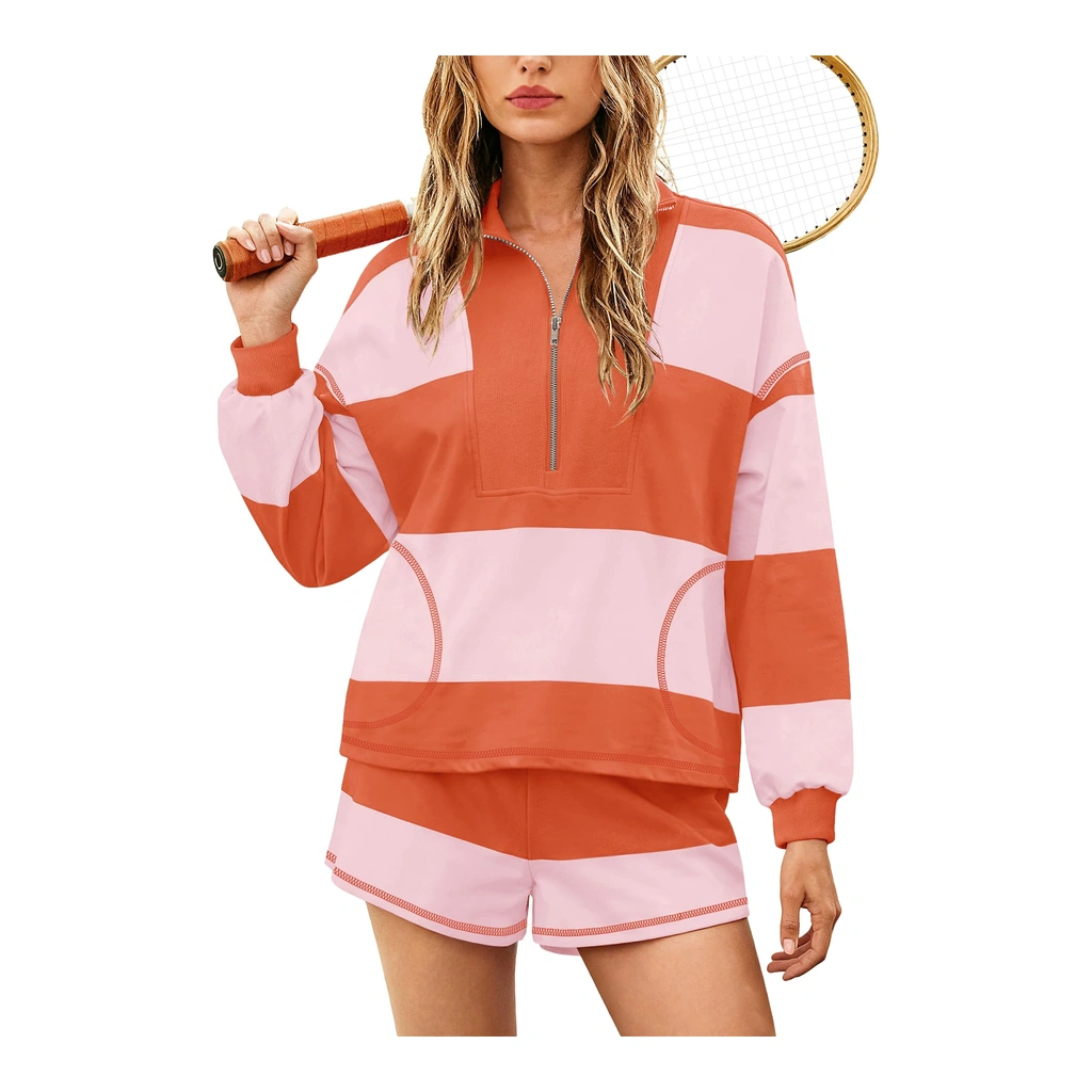 Yanekop oversized striped lounge set - half-zip pullover and shorts - Yanekop Womens Oversized Striped Set Orange Pink