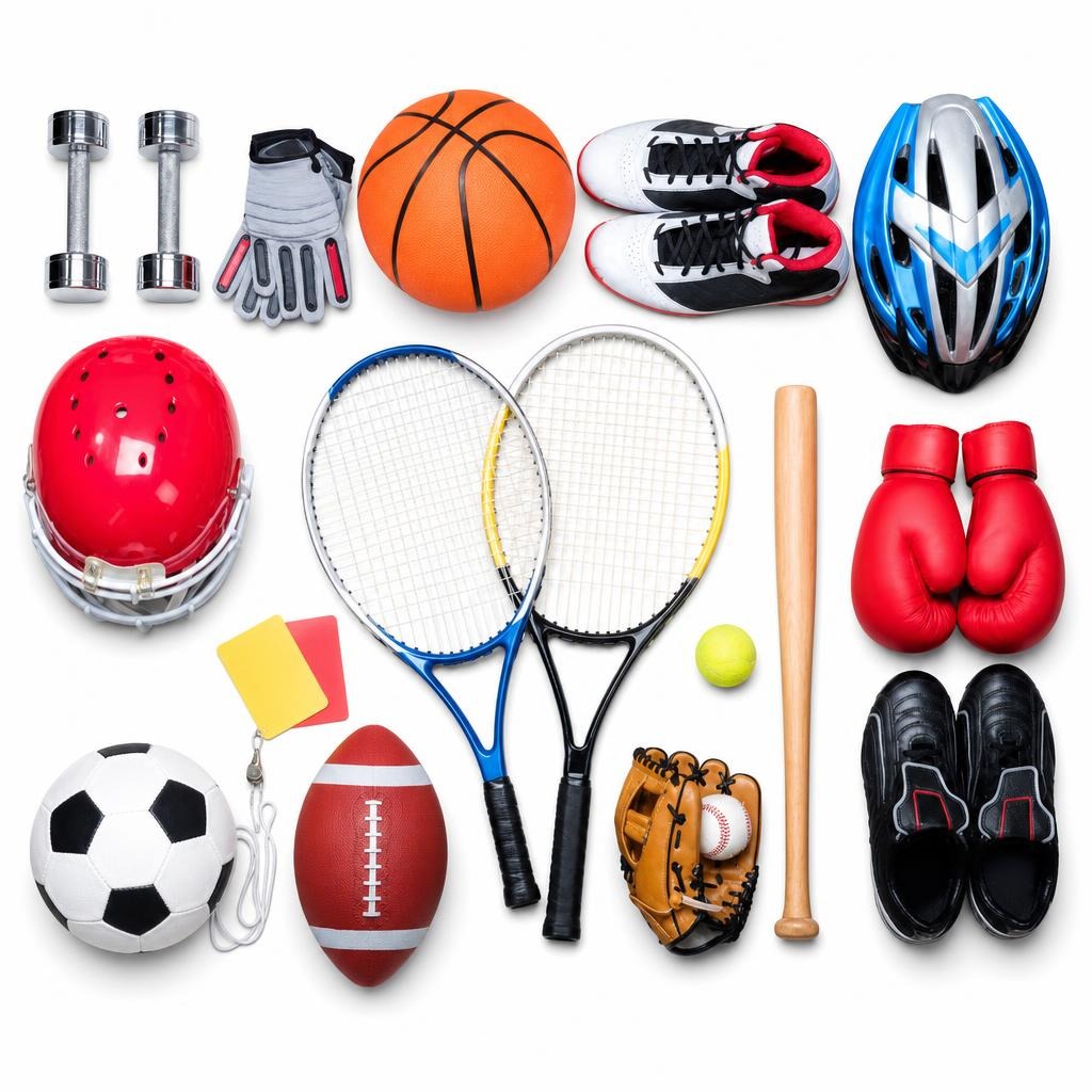 Premium Sports & Outdoors category image featuring a collection of sports and outdoor equipment on a clean white studio background.