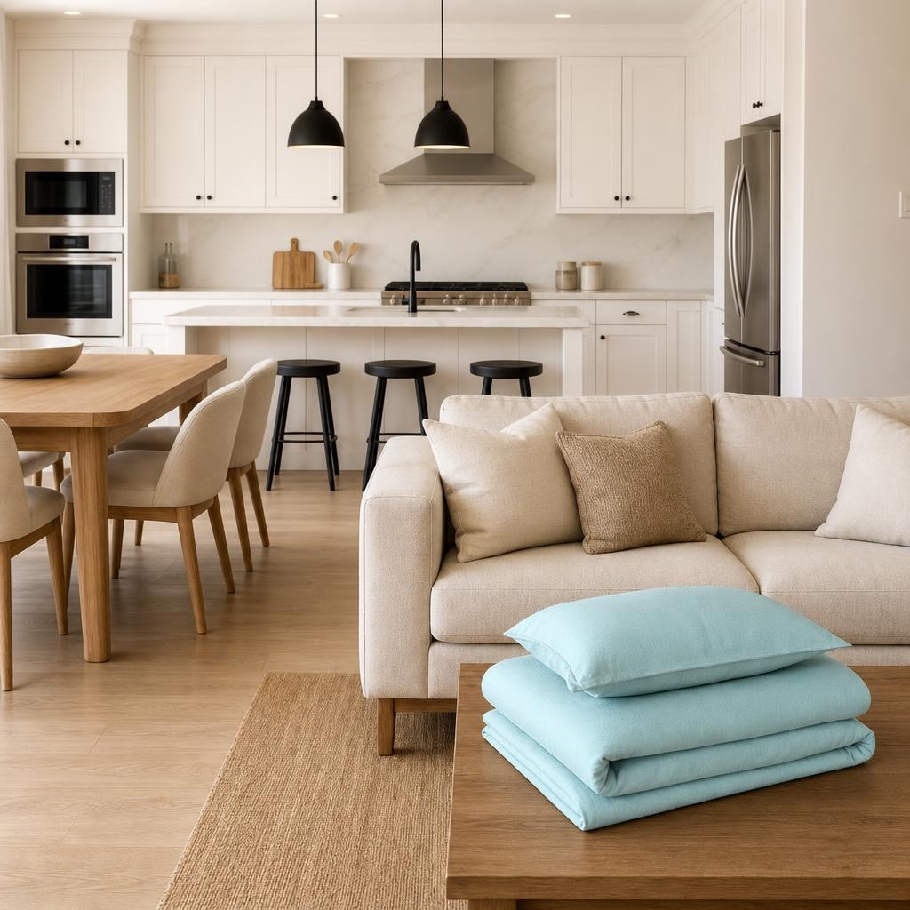 Modern open-plan home with kitchen, dining, and living areas