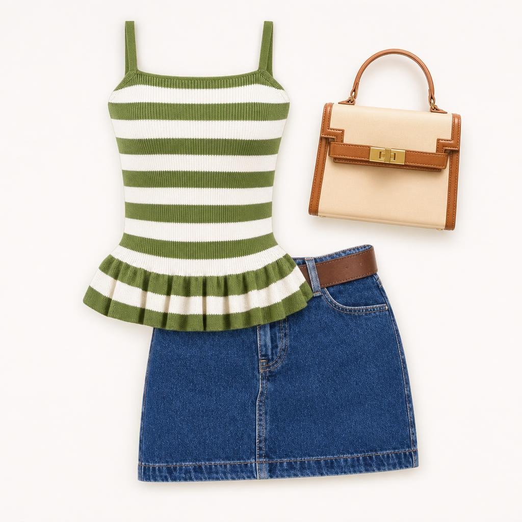 Women’s striped top, denim skirt, and structured handbag outfit