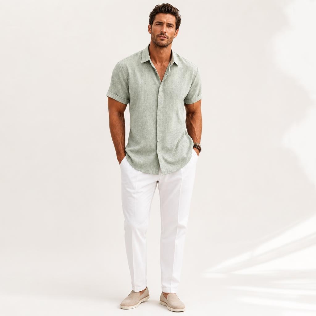 Man wearing a sage green shirt and white trousers