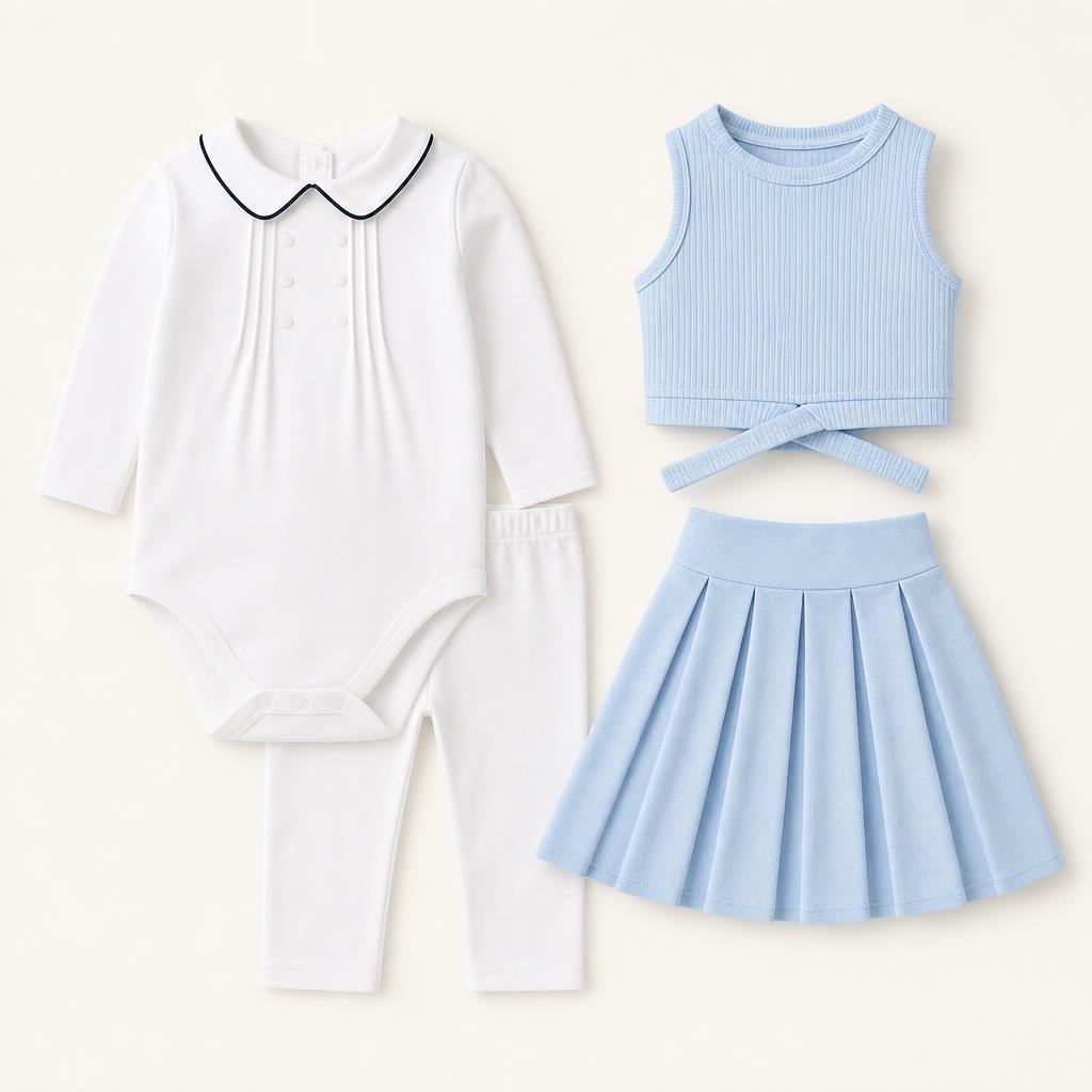 White and light blue children’s clothing sets on a clean studio background